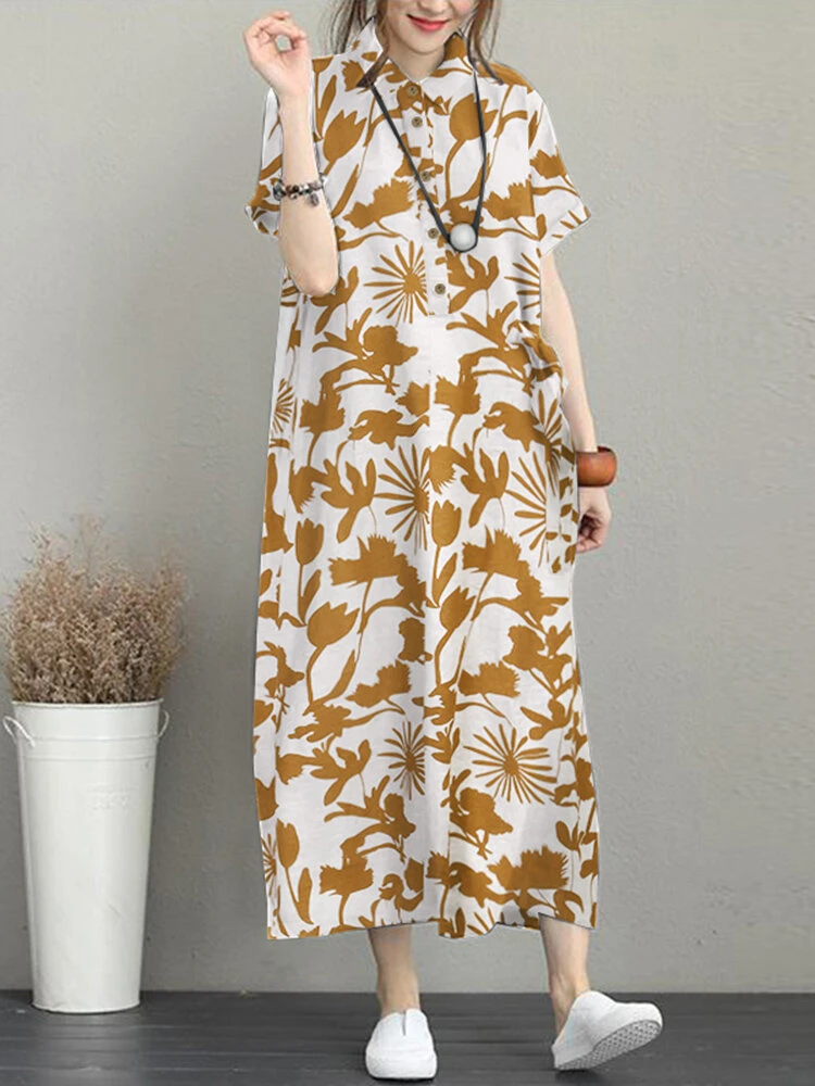 Flower Print Pocket Button Lapel Casual Short Sleeve Dress 3 Flower Print Pocket Button Lapel Casual Short Sleeve Dress - Image 3