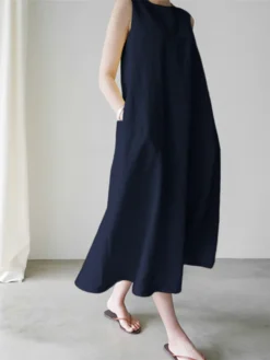 Solid Sleeveless Pocket Casual Crew Neck Dress -Zanzea Shop dfaaeecd 909a 4224 9d25 790c6604622a