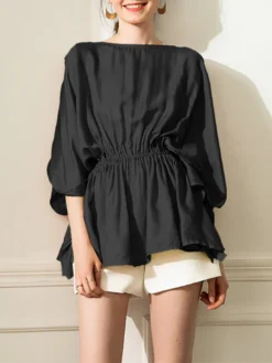 Elastic Waist Solid 3/4 Sleeve Crew Neck Loose Blouse -Zanzea Shop dfe23c9d edf5 4341 b6e7 202e32d04787