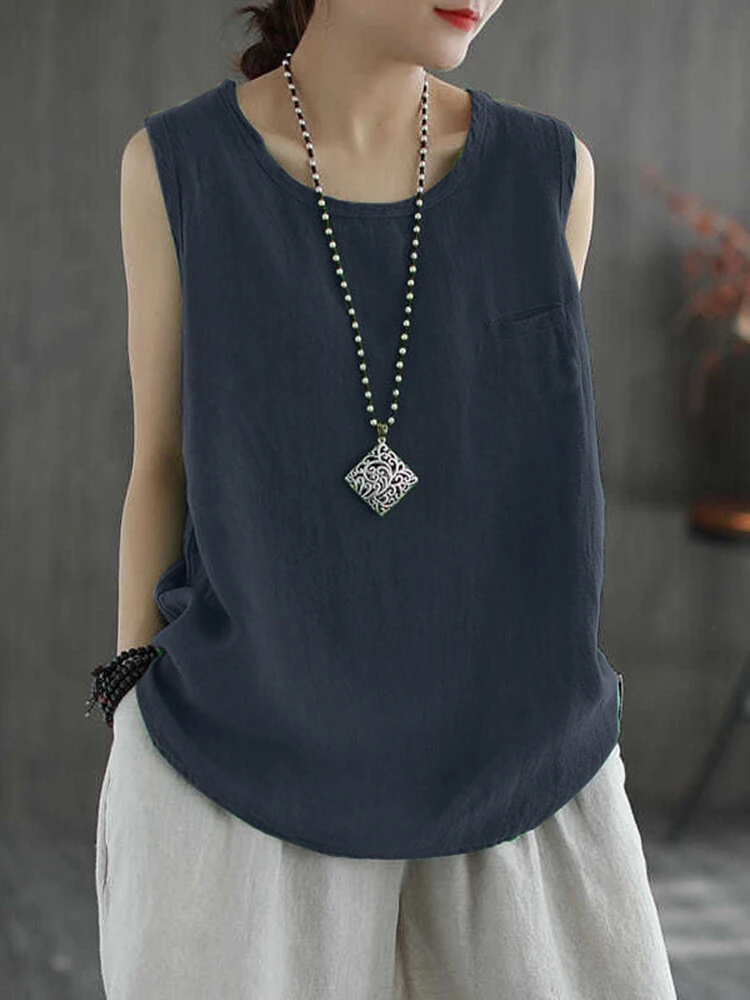 Women Solid Crew Neck Cotton Sleeveless Tank Top 6 Women Solid Crew Neck Cotton Sleeveless Tank Top - Image 6