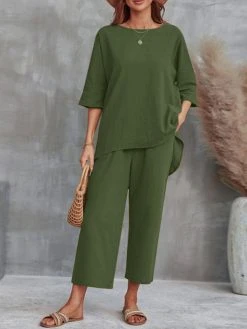 Women Solid Crew Neck High-Low Hem Cotton Co-ords -Zanzea Shop e0223152 9f04 46da b4d4 2a669dfe8650