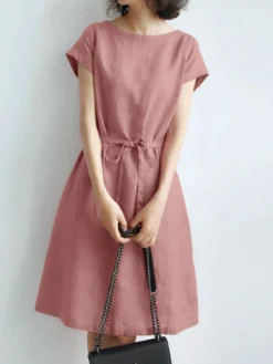 Solid Pocket Short Sleeve Crew Neck Dress With Belt -Zanzea Shop e023e8d0 865a 410a a5db dd3ba3f5efe1