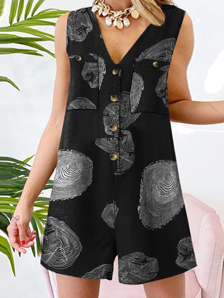 Print Button Pocket Sleeveless V Neck Casual Cotton Romper 1 Print Button Pocket Sleeveless V Neck Casual Cotton Romper
