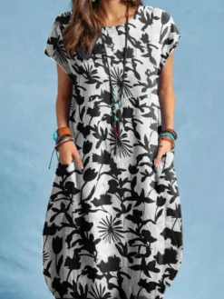 Plants Print Pocket Short Sleeve Crew Neck Casual Dress