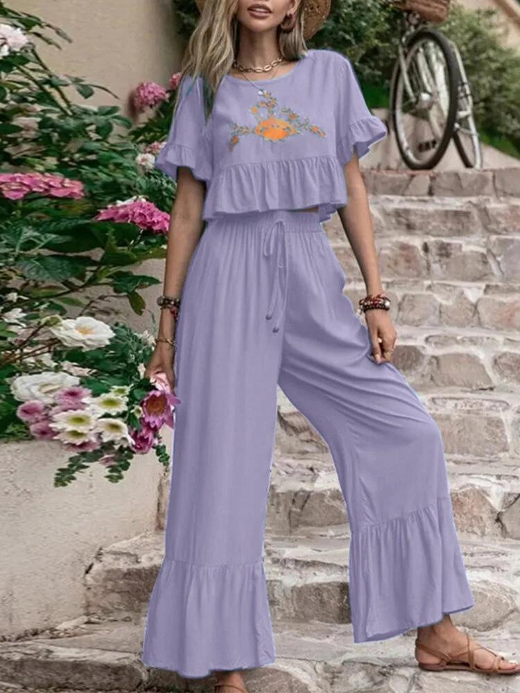 Embroidery Drawstring Waist Ruffle Wide Leg Two Pieces Suit 11 Embroidery Drawstring Waist Ruffle Wide Leg Two Pieces Suit - Image 11