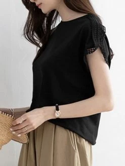 Solid Lace Trim Stitch Crew Neck Short Sleeve T-shirt -Zanzea Shop e0ba900d 7dd9 459f aae2 c9091f1e3620