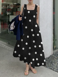 Allover Polka Dot Print Pocket Square Collar Sleeveless Dress -Zanzea Shop e0ba9c6b 7f01 430c 880d f25300905890