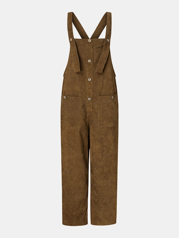 Solid Color Button Pocket Sleeveless Casual Corduroy Jumpsuit For Women 4 Solid Color Button Pocket Sleeveless Casual Corduroy Jumpsuit For Women - Image 4