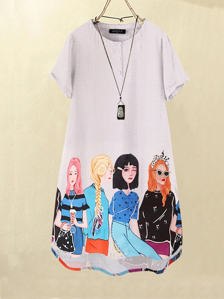Cartoon Girls Graphic Pocket Short Sleeve Button Dress 2 Cartoon Girls Graphic Pocket Short Sleeve Button Dress - Image 2