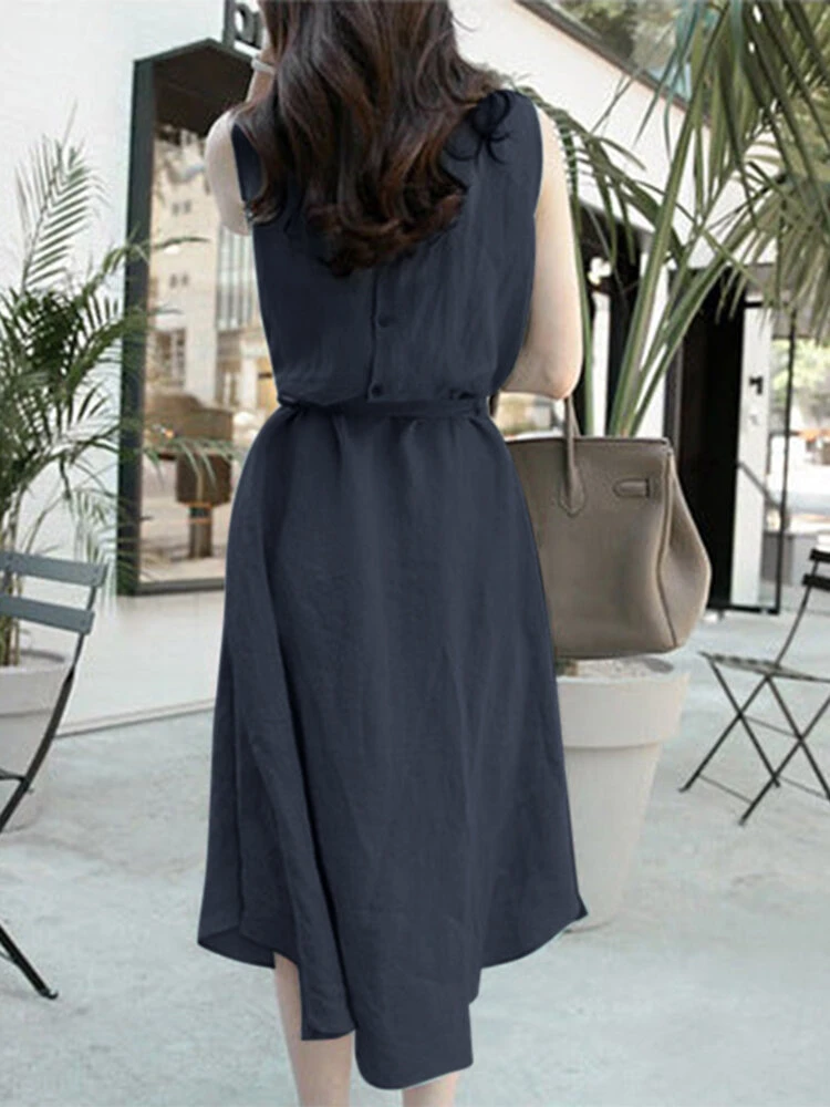 Solid Sleeveless Button Back Midi Dress With Belt 5 Solid Sleeveless Button Back Midi Dress With Belt - Image 5
