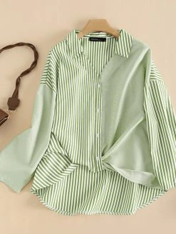 Stripe Print Long Sleeve Button Front Twisted Lapel Blouse