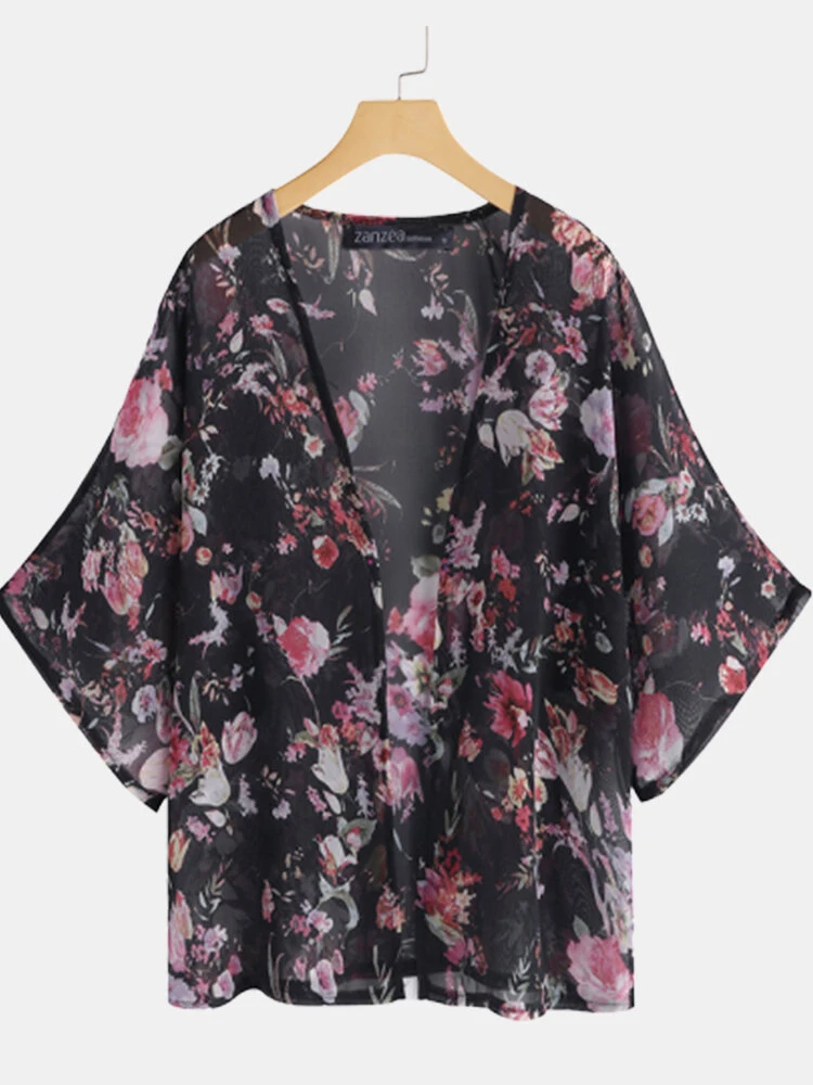 Floral Print Casual 3/4 Sleeve Plus Size Kimono 3 Floral Print Casual 3/4 Sleeve Plus Size Kimono - Image 3