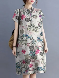 Plant Print Button Pocket Casual Cotton Midi Dress