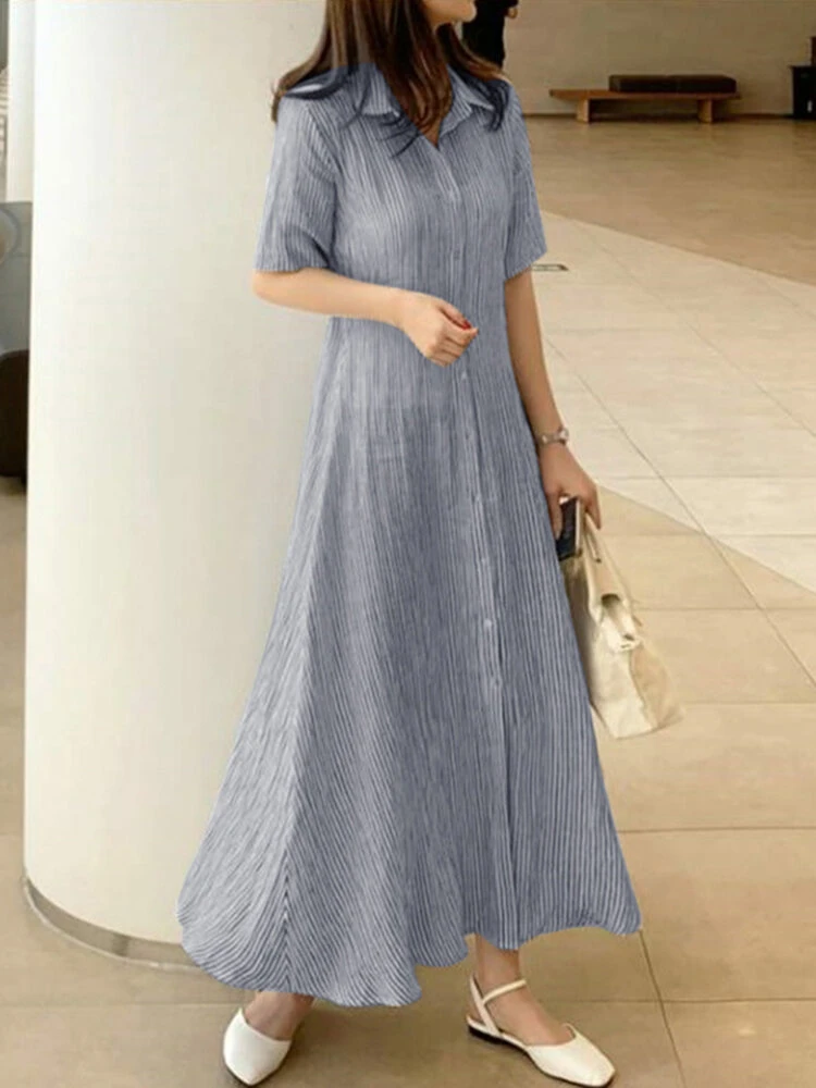 Striped Print Short Sleeve Lapel Button Shirt Dress 12 Striped Print Short Sleeve Lapel Button Shirt Dress - Image 12