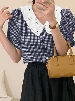 Check Contrast Collar Puff Sleeve Button Front Blouse 15 Check Contrast Collar Puff Sleeve Button Front Blouse -Zanzea Shop e16fc184 3b9b 43d4 8ba1 7dd68ee3ba9d