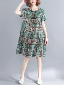 Vintage Print Short Sleeve Crew Neck Dress -Zanzea Shop e17fe493 a4bc 4df6 8cce 925aa4f718f7