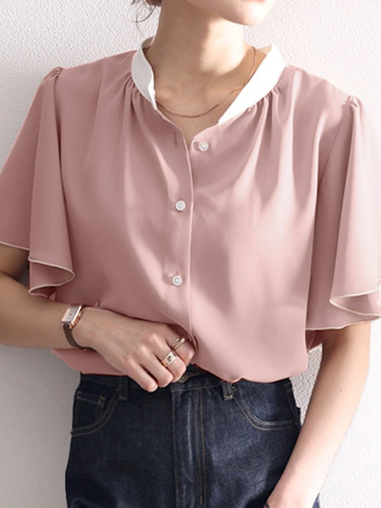 Contrast Button Ruffle Sleeve Stand Collar Women Blouse 6 Contrast Button Ruffle Sleeve Stand Collar Women Blouse - Image 6