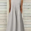 Women Solid Pleated Crew Neck Casual Sleeveless Dress