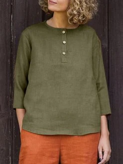 Solid Button Front Casual Crew Neck 3/4 Sleeve Blouse -Zanzea Shop e2351b7f e9d8 4e2c 9da8 1a08ae56a15a