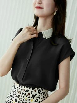 Contrast Double Layered Neck Short Sleeve Button Blouse -Zanzea Shop e24b597e 43b0 403d aaa5 9456e307c9fe