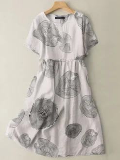 Print Crew Neck Short Sleeve Pocket Dress For Women