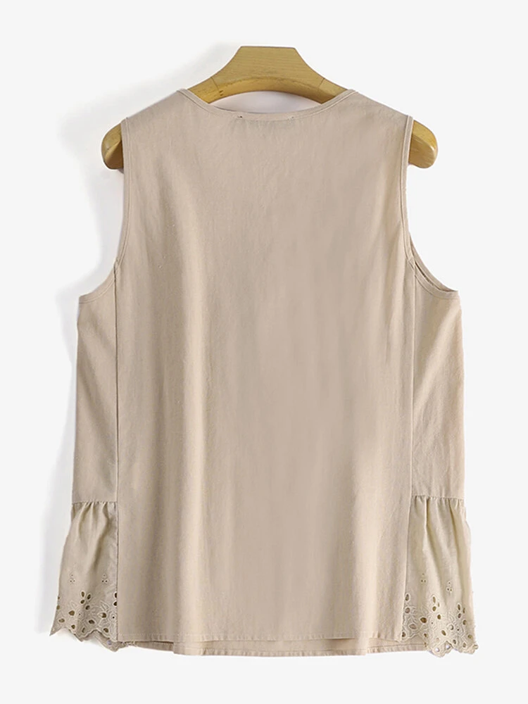 Women Pleated Splice Hem Cotton Sleeveless Tank Top 2 Women Pleated Splice Hem Cotton Sleeveless Tank Top - Image 2