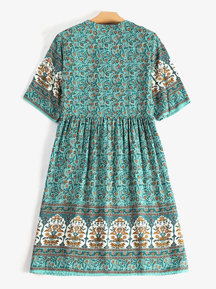 Women Ditsy Floral Print V-Neck Tie Bohemian Half Sleeve Dress 5 Women Ditsy Floral Print V-Neck Tie Bohemian Half Sleeve Dress - Image 5