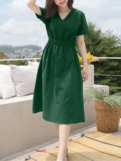 Solid Elastic Waist V-neck Short Sleeve Casual Dress 18 Solid Elastic Waist V-neck Short Sleeve Casual Dress -Zanzea Shop e2b48809 30e1 4b7e 9934 4c56aaa3cc59