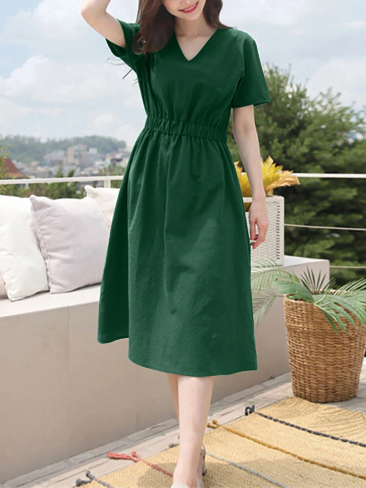 Solid Elastic Waist V-neck Short Sleeve Casual Dress 8 Solid Elastic Waist V-neck Short Sleeve Casual Dress - Image 8