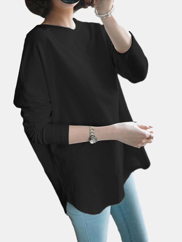 Solid Curved Hem Loose Long Sleeve Crew Neck T-shirt 1 Solid Curved Hem Loose Long Sleeve Crew Neck T-shirt