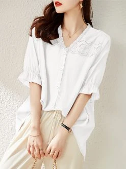 Lace Panel Button Front Loose Half Sleeve V-neck Blouse
