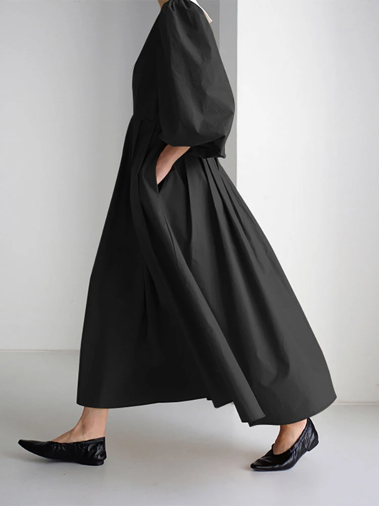 Contrast Collar Pleated Pocket Lantern Sleeve Maxi Dress 11 Contrast Collar Pleated Pocket Lantern Sleeve Maxi Dress - Image 11