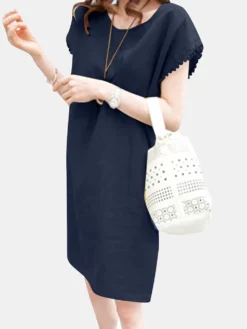 Solid Crew Neck Short Sleeve Loose Dress For Women