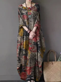 Printed O-neck Side Pockets Cotton 3/4 Sleeve Long Dress -Zanzea Shop e309a384 c17a 4aee bf1a 1d7093a8dc0d