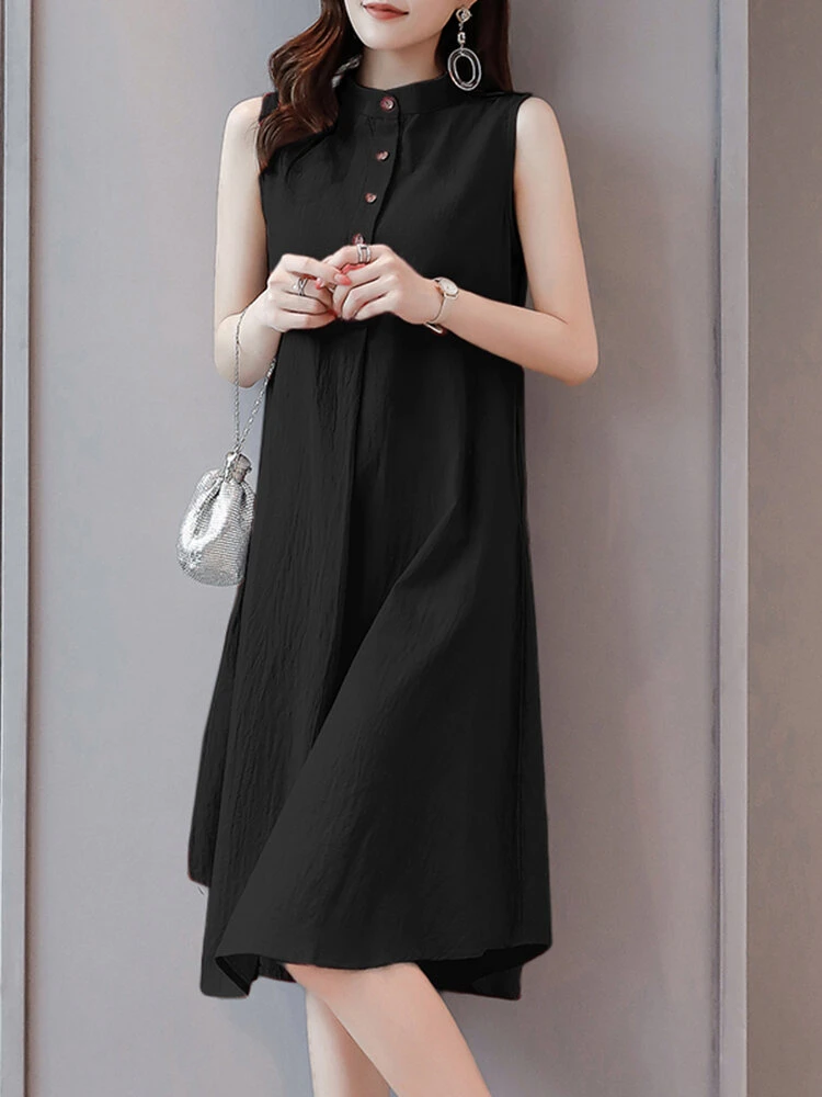 Solid Stand Collar Button Sleeveless Dress For Women 4 Solid Stand Collar Button Sleeveless Dress For Women - Image 4