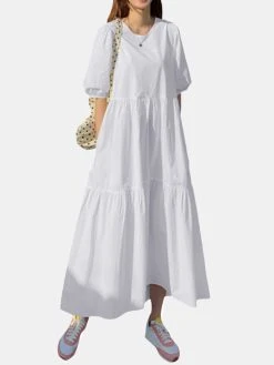Solid Pocket Half Sleeve Ruffle Casual Cotton Maxi Dress