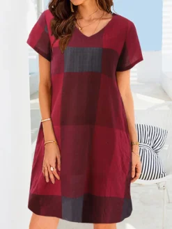 Check Pattern Short Sleeve V-neck Dress For Women -Zanzea Shop e33886d2 afe0 4dc0 8e35 7d1b9193f612