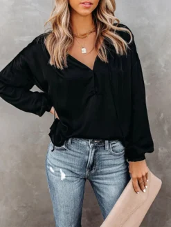 Solid Satin Long Sleeve Tie Front V-neck Blouse -Zanzea Shop e351e26c d9c1 4908 96bf 53a04142208e