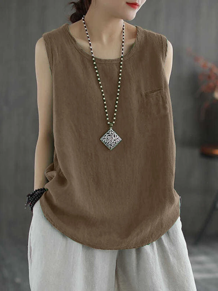 Women Solid Crew Neck Cotton Sleeveless Tank Top 3 Women Solid Crew Neck Cotton Sleeveless Tank Top - Image 3