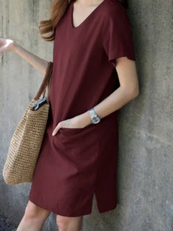 Solid Pocket Slit Hem V-neck Short Sleeve Vintage Dress 16 Solid Pocket Slit Hem V-neck Short Sleeve Vintage Dress -Zanzea Shop e3675996 8117 41bd 8e45 1e64760ba7da