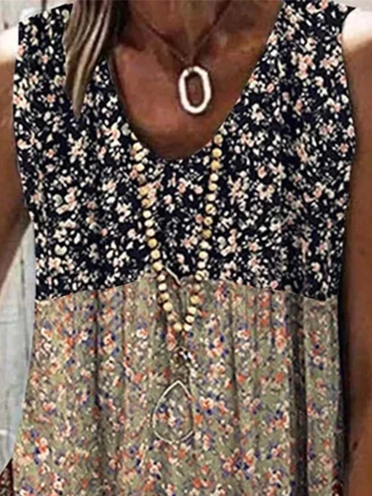 Women Ditsy Floral Print Color Block Patchwork Sleeveless Tank Top 2 Women Ditsy Floral Print Color Block Patchwork Sleeveless Tank Top - Image 2