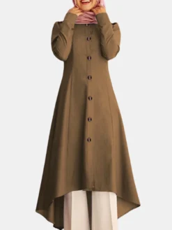 Solid Color Button Curved Hem Casual Muslim Dress For Women