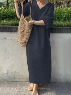 Solid V-neck Loose 3/4 Sleeve Vintage Dress 7 Solid V-neck Loose 3/4 Sleeve Vintage Dress -Zanzea Shop e385318f 1bed 418c ab30 7ee63829fff7