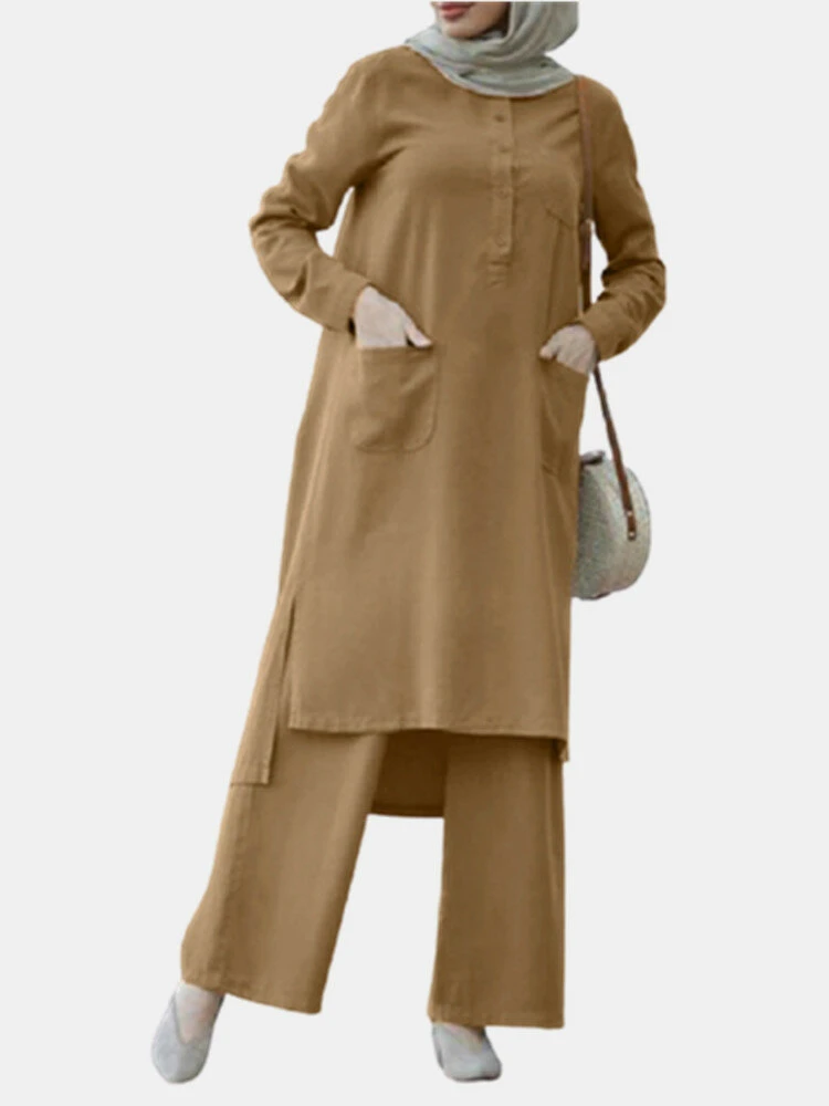 Solid Color O-neck Long Sleeve Plus Size Button Blouse Suit For Women 1 Solid Color O-neck Long Sleeve Plus Size Button Blouse Suit For Women