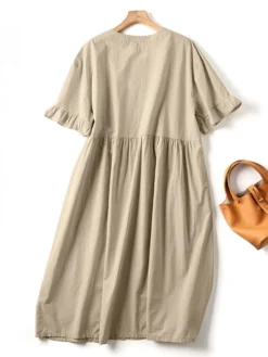 Solid Ruffle Short Sleeve Pocket Crew Neck Casual Dress -Zanzea Shop e3ef155e 511f 457b bcde de60f9304885