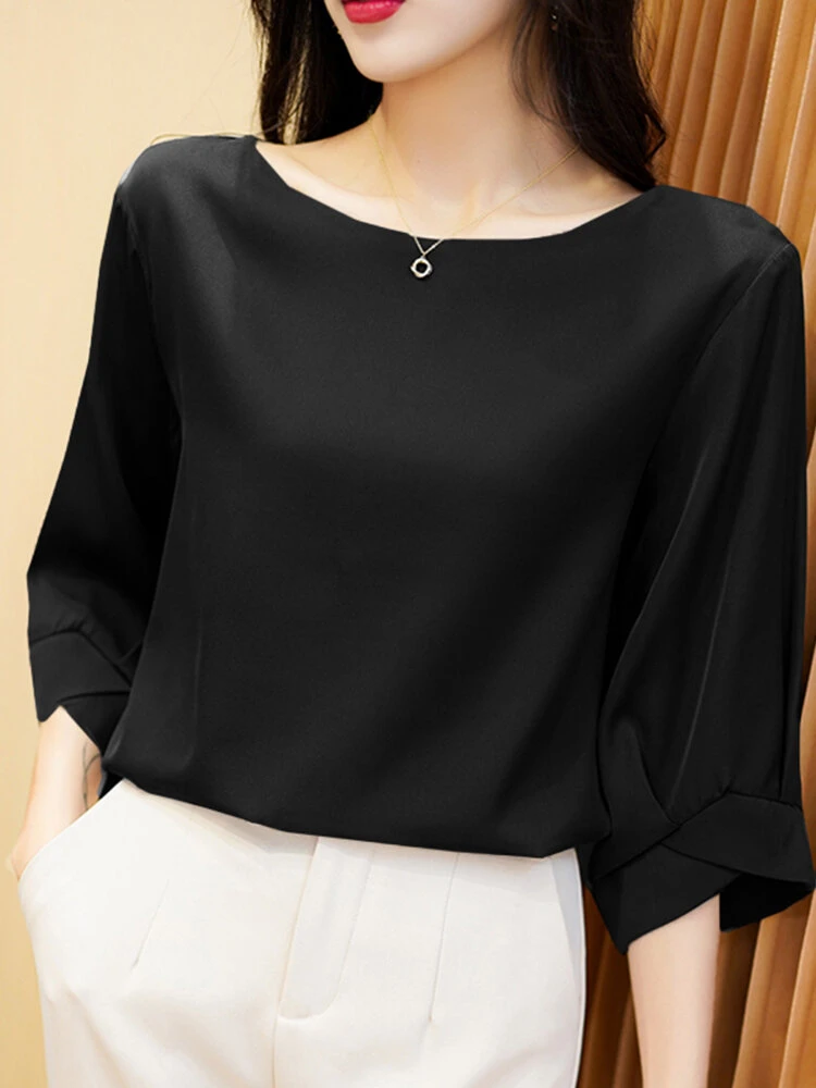 Satin Solid Crew Neck 3/4 Sleeve Women Blouse 12 Satin Solid Crew Neck 3/4 Sleeve Women Blouse - Image 12