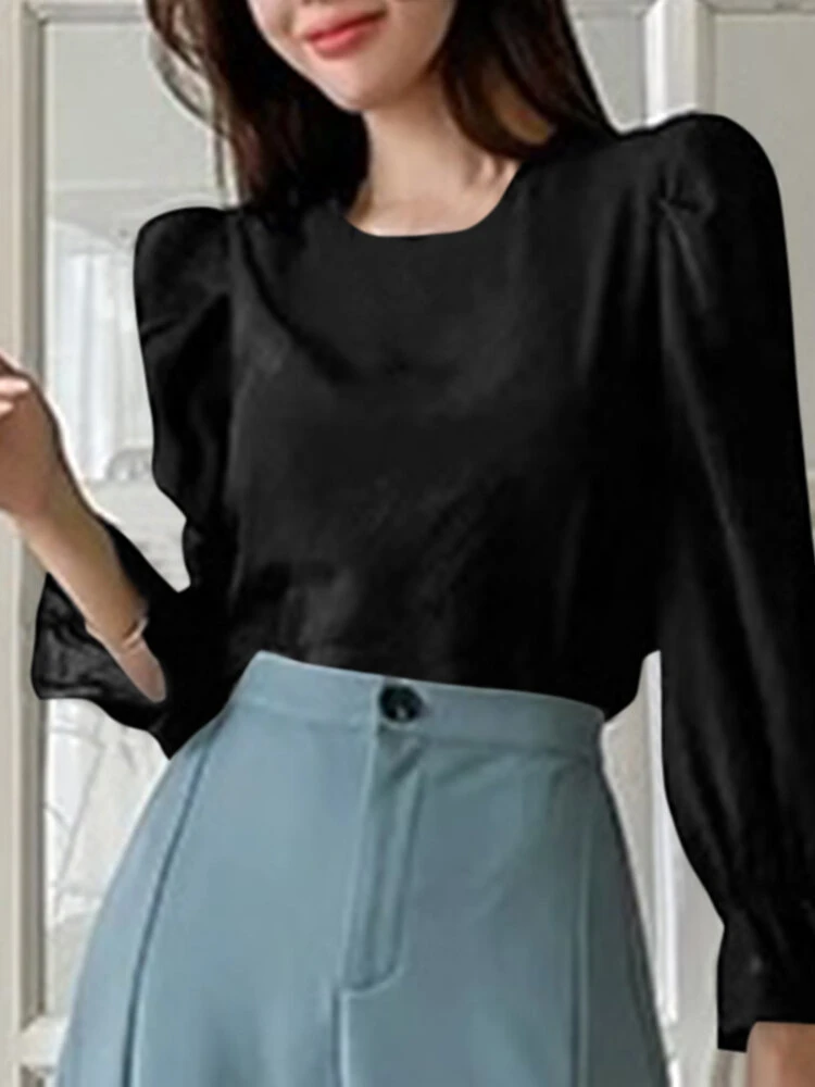 Solid Long Puff Sleeve Crew Neck Blouse 9 Solid Long Puff Sleeve Crew Neck Blouse - Image 9