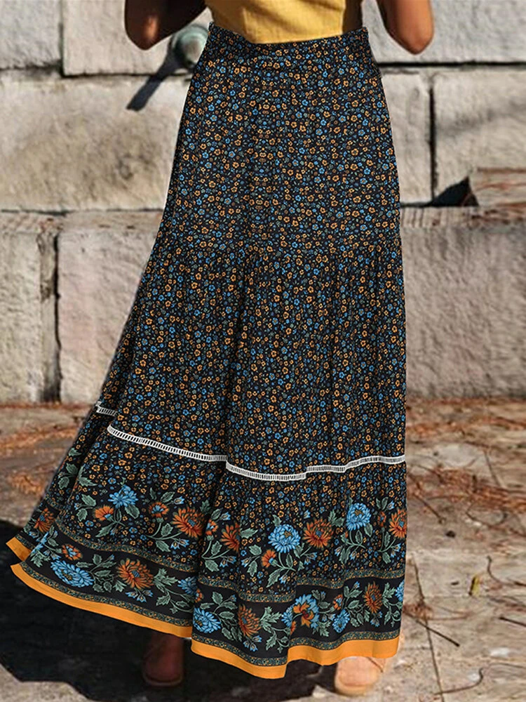 Bohemian Floral Printed Belt Elastic Waist Long Skirt 6 Bohemian Floral Printed Belt Elastic Waist Long Skirt - Image 6