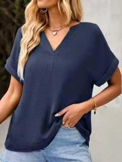 Solid V-neck Short Sleeve Casual Loose Women Blouse -Zanzea Shop e48a2f06 4096 438a 9584 f66854b70051