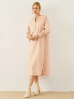 Solid Slit Hem Button Front Long Sleeve Stand Collar Dress -Zanzea Shop e49fa4d2 7a59 48a1 a26d c64893eb3d12